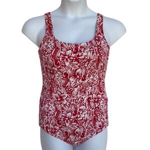 Land's End Tugless Tank Swimsuit with Red and White Cockatoo Print size 14